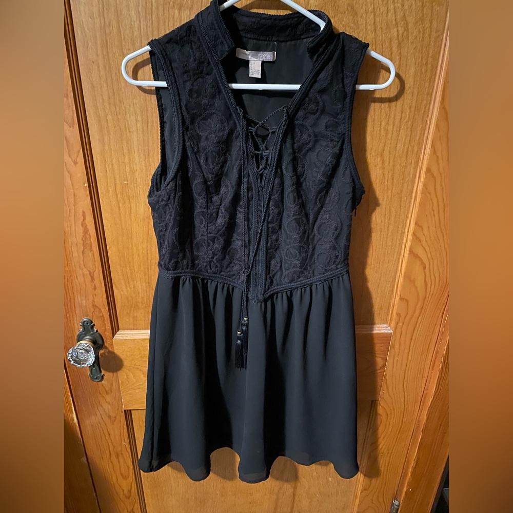 Forever 21 lace up front black mini dress with tassles